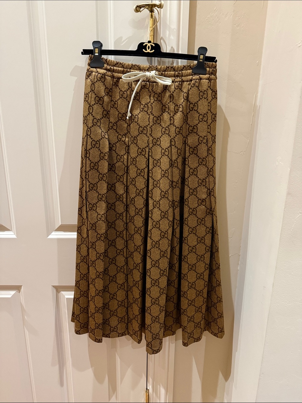 Gucci Brown GG Monogram Elastic Waist Midi Skirt with Drawstring. Size XS.